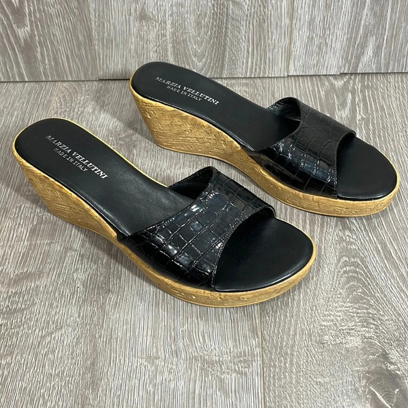 Marzia Vellutini Italian Wedge Slip On Sandals Black Patent Croc Faux Cork 6.5 - Picture 1 of 16